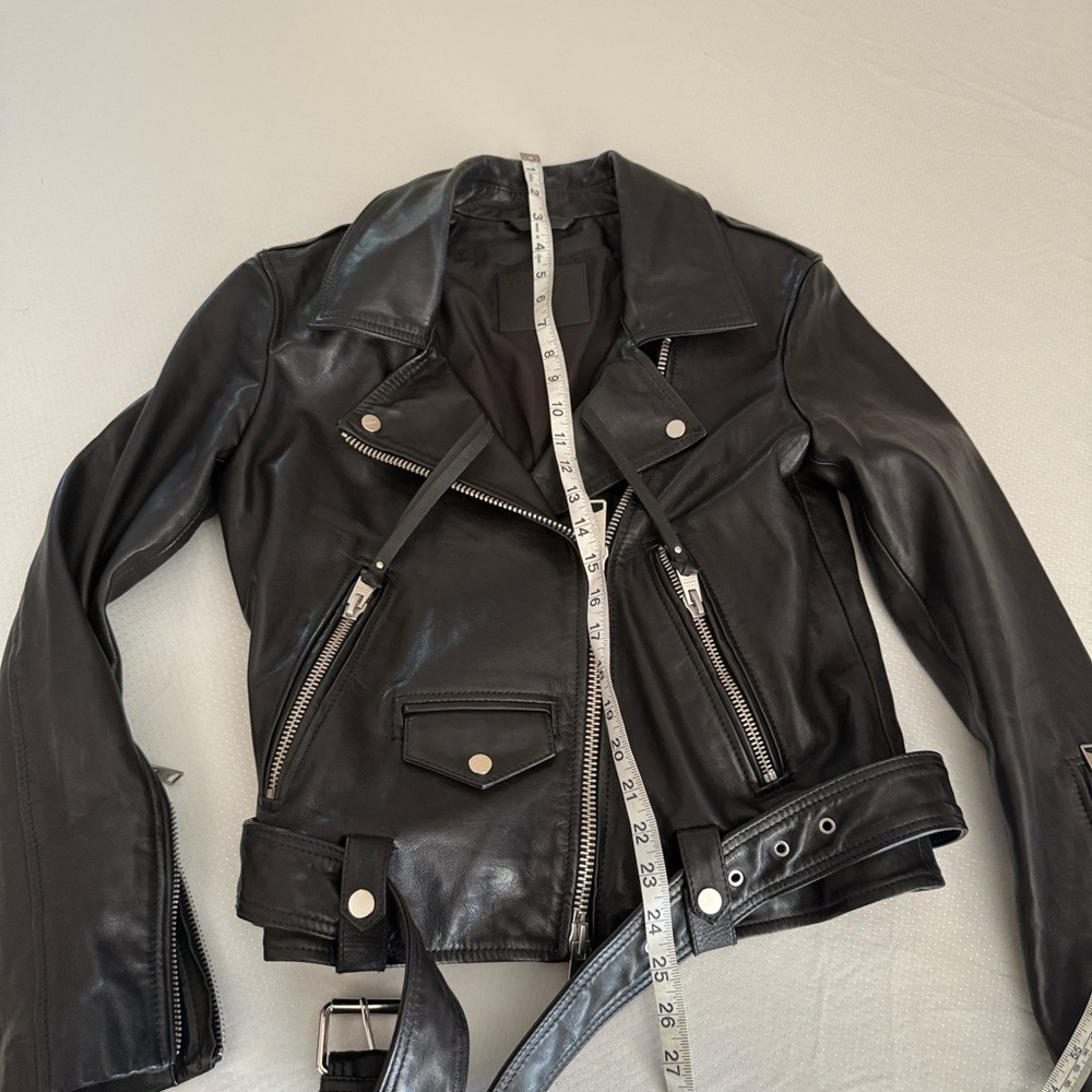 All Saints Black Leather Moto Jacket women’s size small - Picture 11 of 13